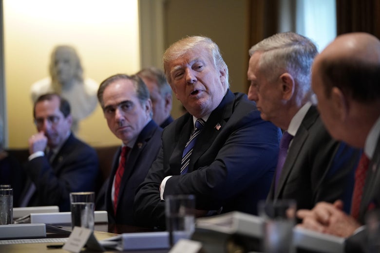 US President Donald Trump speaks during a Cabinet meeting in the Cabinet Room of the White House on March 8, 2018 in Washington, DC. / AFP PHOTO / Mandel NGAN (Photo credit should read MANDEL NGAN/AFP/Getty Images)